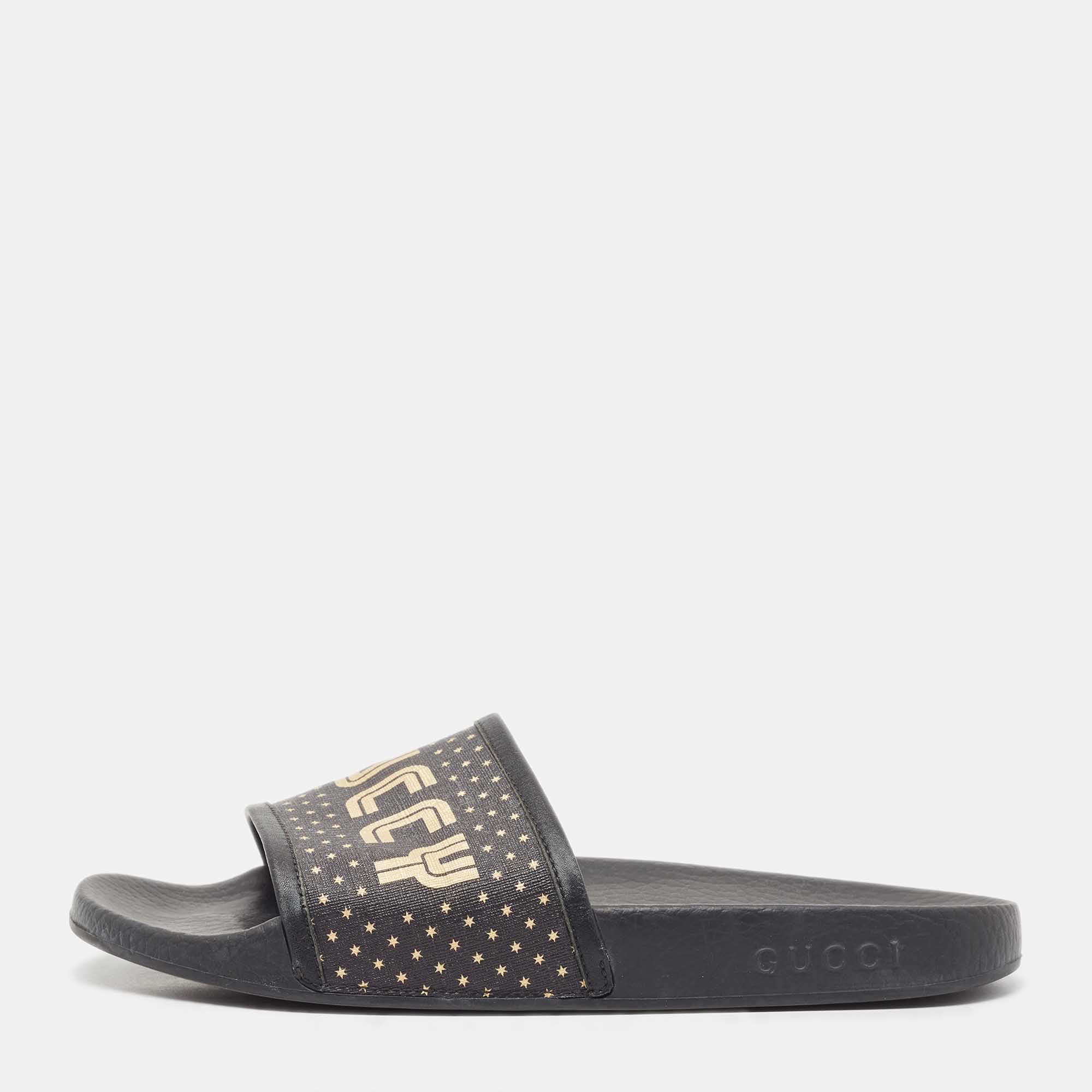 Gucci Black Leather and Canvas Guccy Flat Slides Size 40, Sandals - Luxury Closet catalog