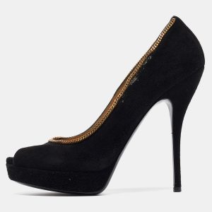 Gucci Black Suede Chain Trim Peep Toe Platform Pumps Size 40, Pumps - Luxury Closet catalog