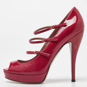 Gucci Pink Patent Leather Buckle Strappy Peep Toe Platform Pumps Size 40, Pumps - Luxury Closet catalog