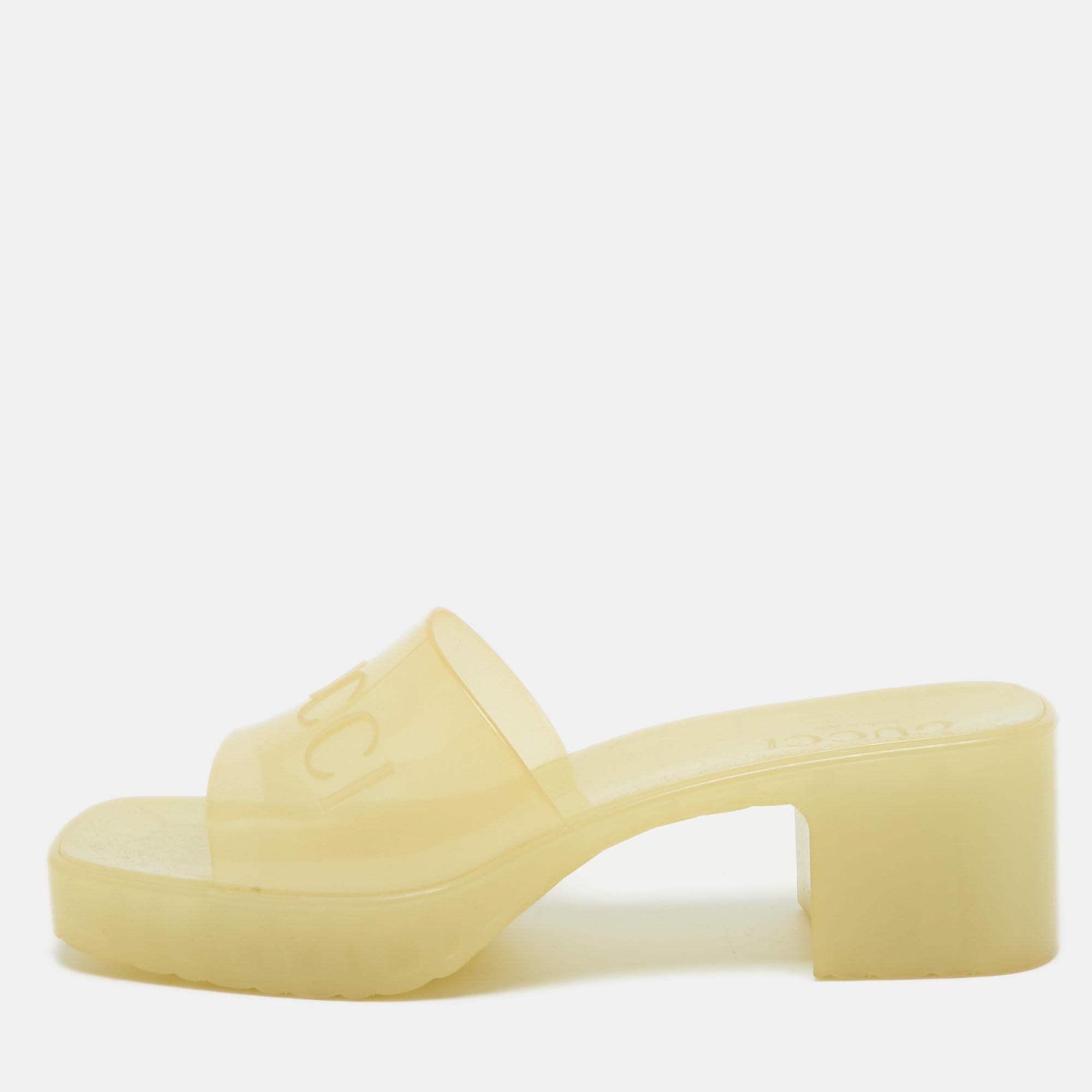 Gucci Light Yellow Rubber Logo Embossed Slide Sandals Size 37, Sandals - Luxury Closet catalog