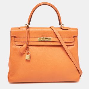 Hermes Orange Taurillon Clemence Leather Gold Finish Kelly Retourne 35 Bag, Satchels - Luxury Closet catalog