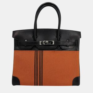 Hermes Orange/Black Toile H Box Calf Leather Birkin 30 Bag, Tote Handbags - Luxury Closet catalog
