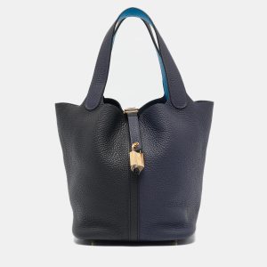 Herm&egrave;s Bleu Nuit/Noir/Bleu Zanzibar Taurillon Clemence Leather Picotin Lock 22 Bag, Tote Handbags - Luxury Closet catalog