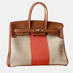 Hermes Fauve, Naturel and Paprika Toile and Barenia Flag Birkin 35 Handbag, Tote Handbags - Luxury Closet catalog