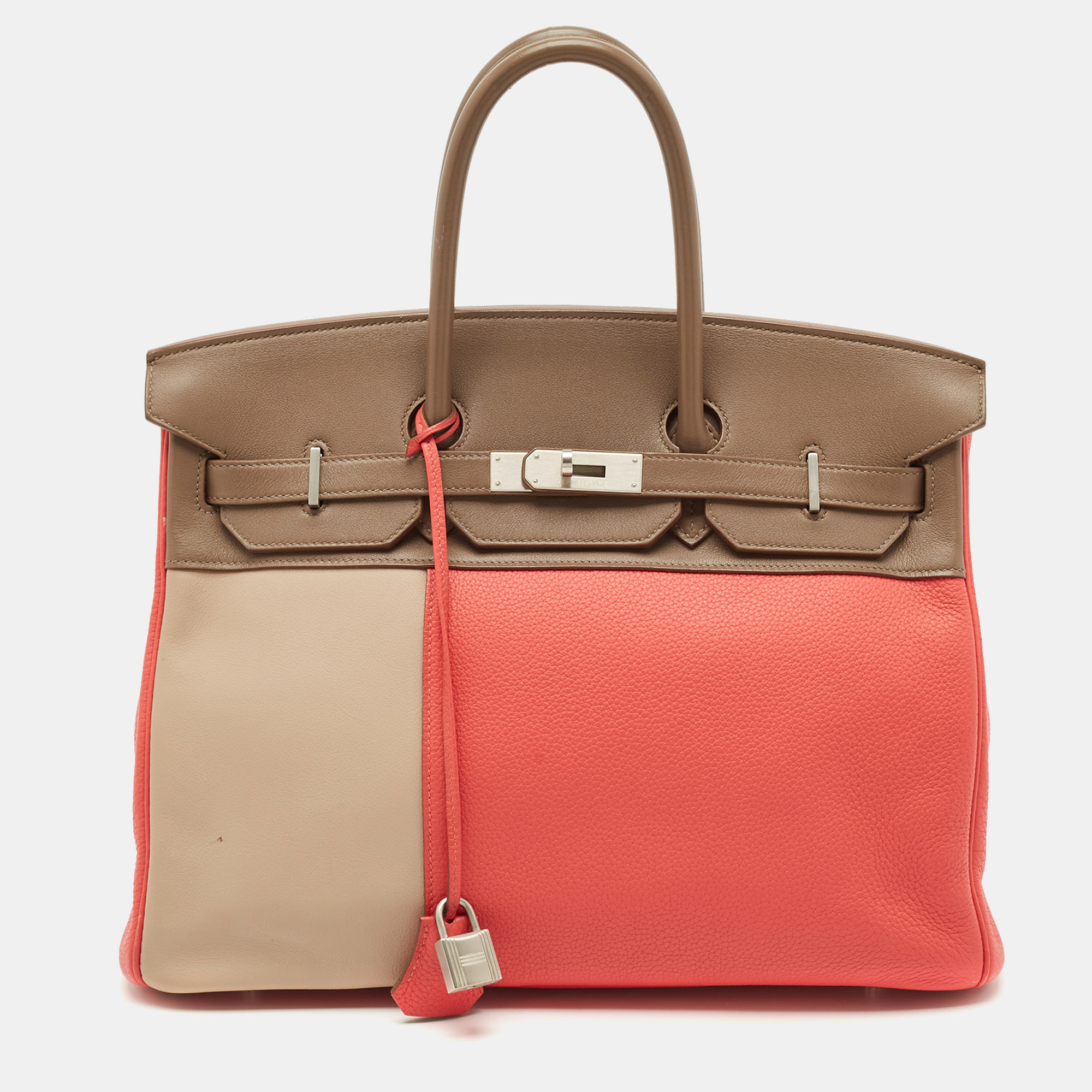 Hermes Rose Jaipur/Argile/Etoupe Taurillon Clemence and Swift Leather Brushed Palladium Finish Birkin 35 Bag, Tote Handbags - Luxury Closet catalog