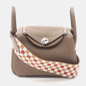 Hermes Etoupe Grey Maxi-Quadrille Taurillon Clemence Leather Lindy Mini Crossbody Bag, Shoulder Bags - Luxury Closet catalog