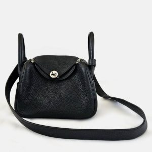 Hermes Noir Taurillon Clemence Leather Palladium Finish Mini Lindy, Shoulder Bags - Luxury Closet catalog