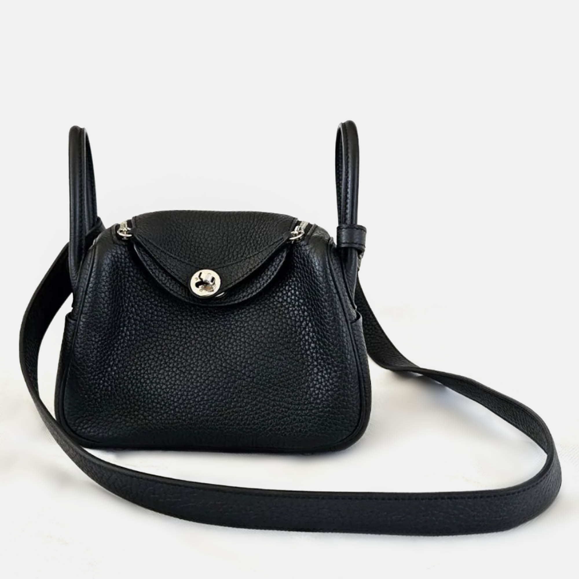 Hermes Noir Taurillon Clemence Leather Palladium Finish Mini Lindy, Shoulder Bags - Luxury Closet catalog