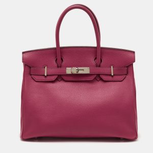 Hermes Rose Shocking/Gris Perle Ch&egrave;vre De Coromandel Leather Palladium Hardware Birkin 30 Bag, Tote Handbags - Luxury Closet catalog