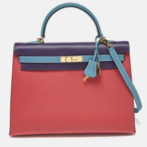 Hermes Bleu Jean/Anemone/Rose Tyrien Epsom Leather Gold Finish Kelly Sellier 35 Bag, Satchels - Luxury Closet catalog