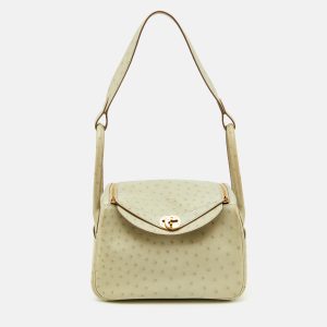Herm&egrave;s Gris Perle Ostrich Gold Finish Lindy 26 Bag, Shoulder Bags - Luxury Closet catalog