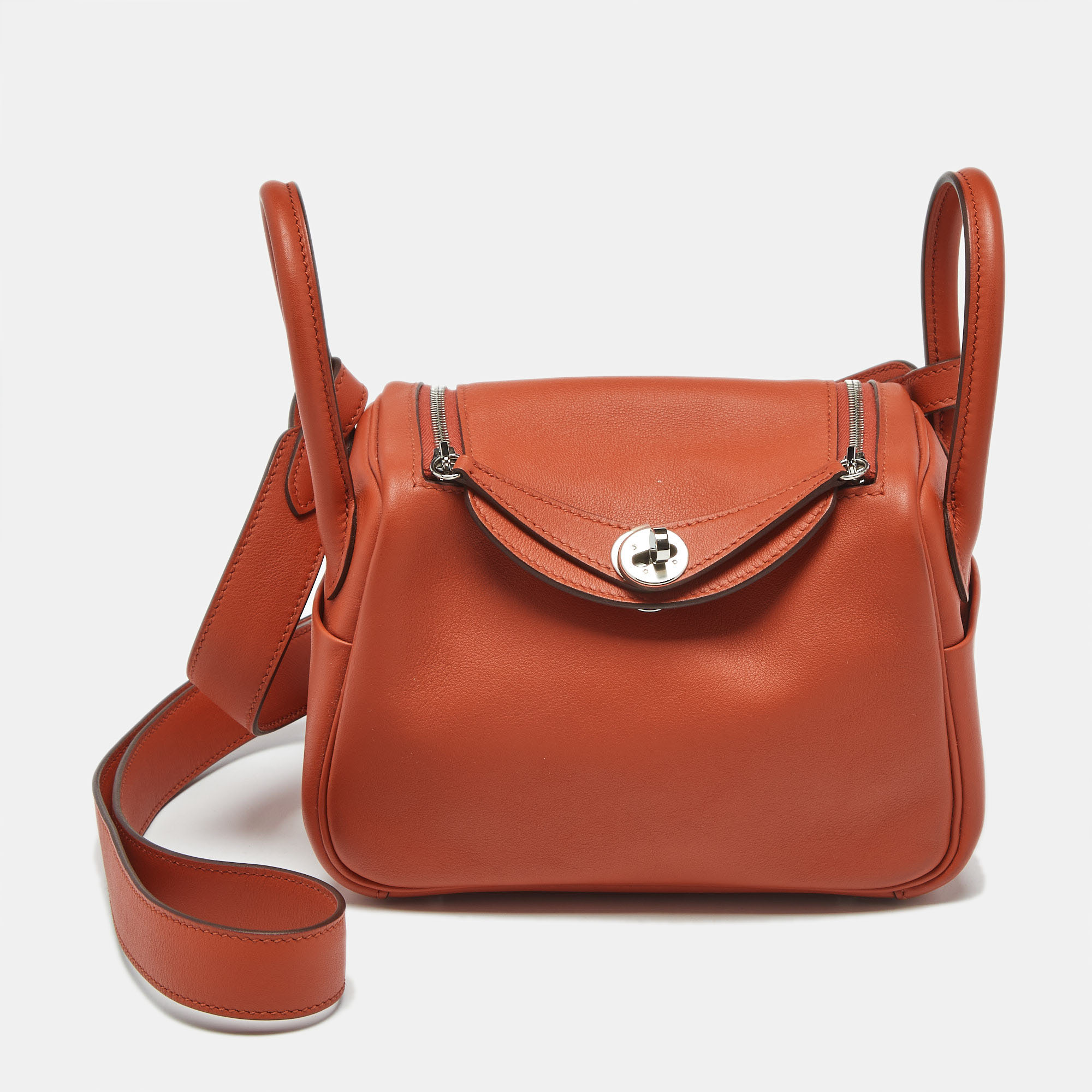 Hermes Terre Battue/Capucine Swift Leather Palladium Finish Mini Lindy Bag, Shoulder Bags - Luxury Closet catalog