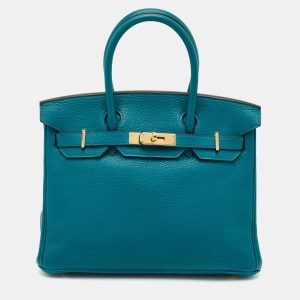Hermes Blue Izmir Clemence Leather Gold Finish Birkin 30 Bag, Tote Handbags - Luxury Closet catalog