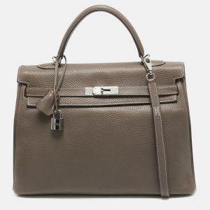 Hermes Etoupe Taurillon Clemence Leather Palladium Finish Kelly Retourne 35 Bag, Satchels - Luxury Closet catalog