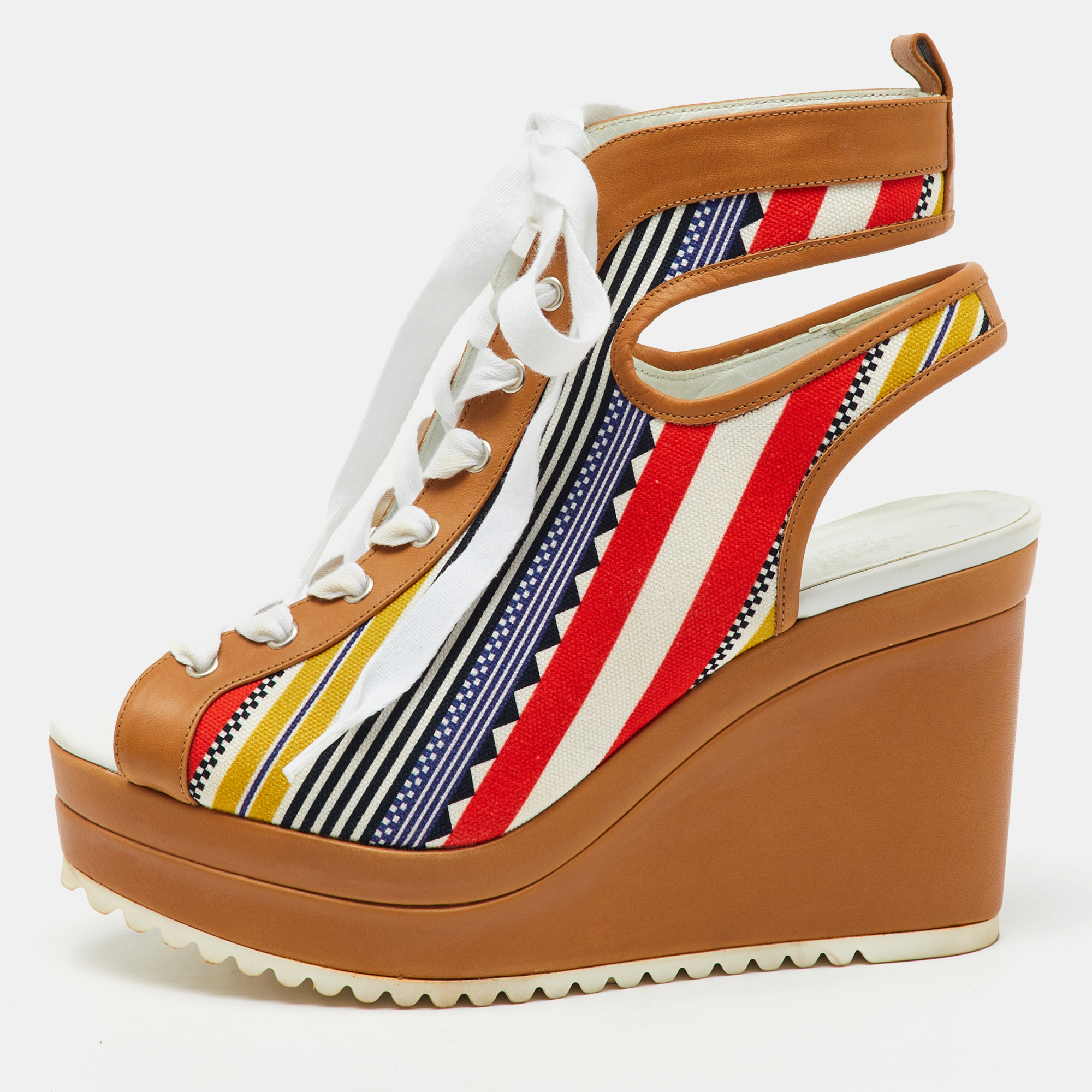 Hermes Multicolor Canvas and Leather Tribal Lace Up Platform Wedge Sandals Size 38, Sandals - Luxury Closet catalog