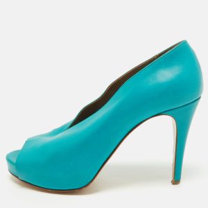 Hermes Blue Leather V-Neck Peep Toe Platform Pumps Size 38.5, Pumps - Luxury Closet catalog