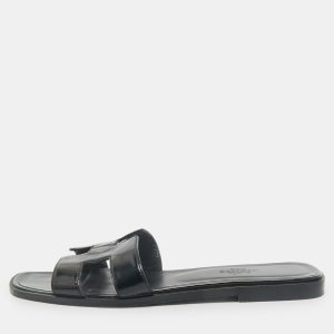 Hermes Black Patent Leather Oran Flat Slides Size 37.5, Flats - Luxury Closet catalog