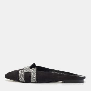 Hermes Black/Silver Suede And Crystal Roxane Mules Size 38, Sandals - Luxury Closet catalog