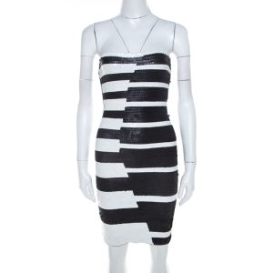 Herv&eacute; Leger Black and White Sequined Piano Strapless Cocktail Dress XS, Dresses - Luxury Closet catalog