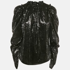 INGIE PARIS Black Sequin Crepe Ruffled Top S, Shirts & Tops - Luxury Closet catalog