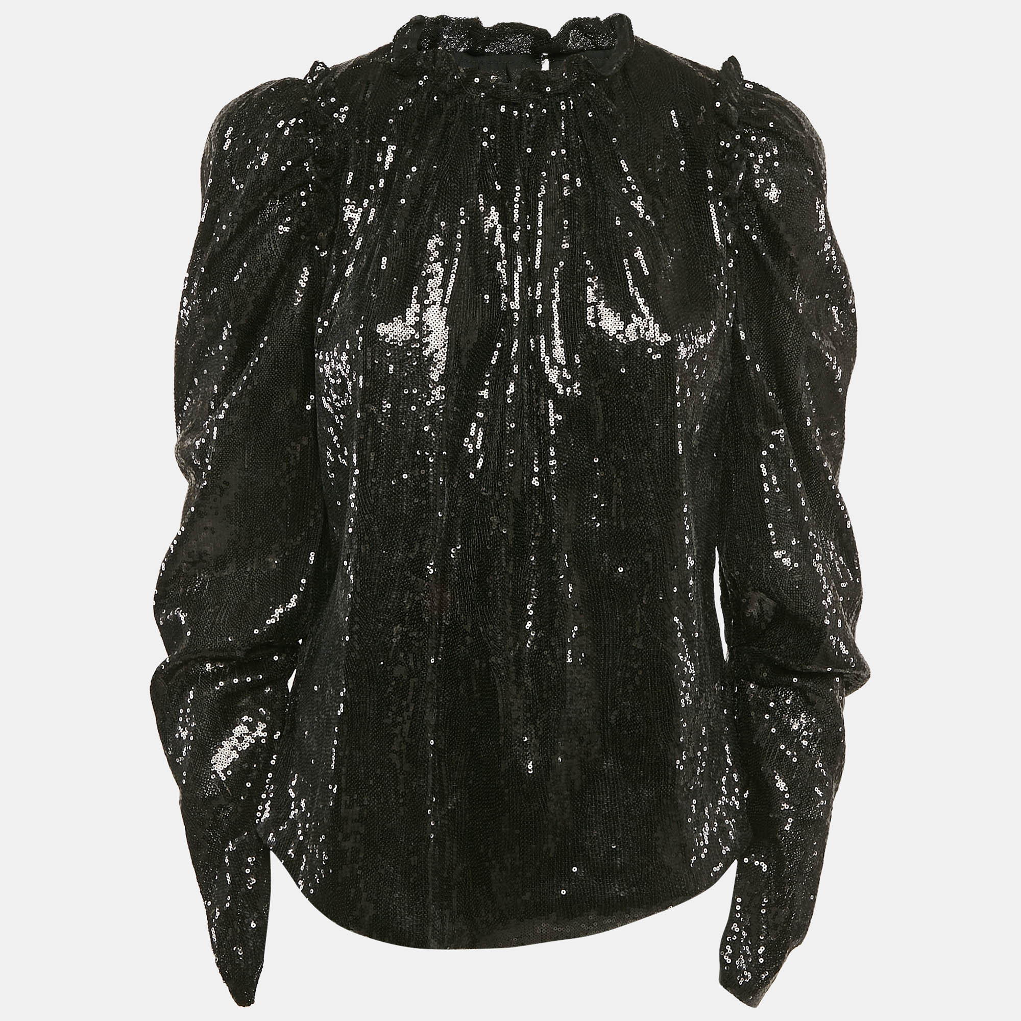 INGIE PARIS Black Sequin Crepe Ruffled Top S, Shirts & Tops - Luxury Closet catalog