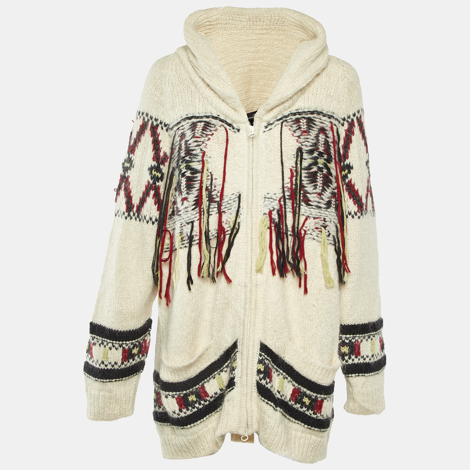 Isabel Marant Off White Intarsia Knit Fringed Zip-Up Yosemite Cardigan XS, Sweaters & Cardigans - Luxury Closet catalog