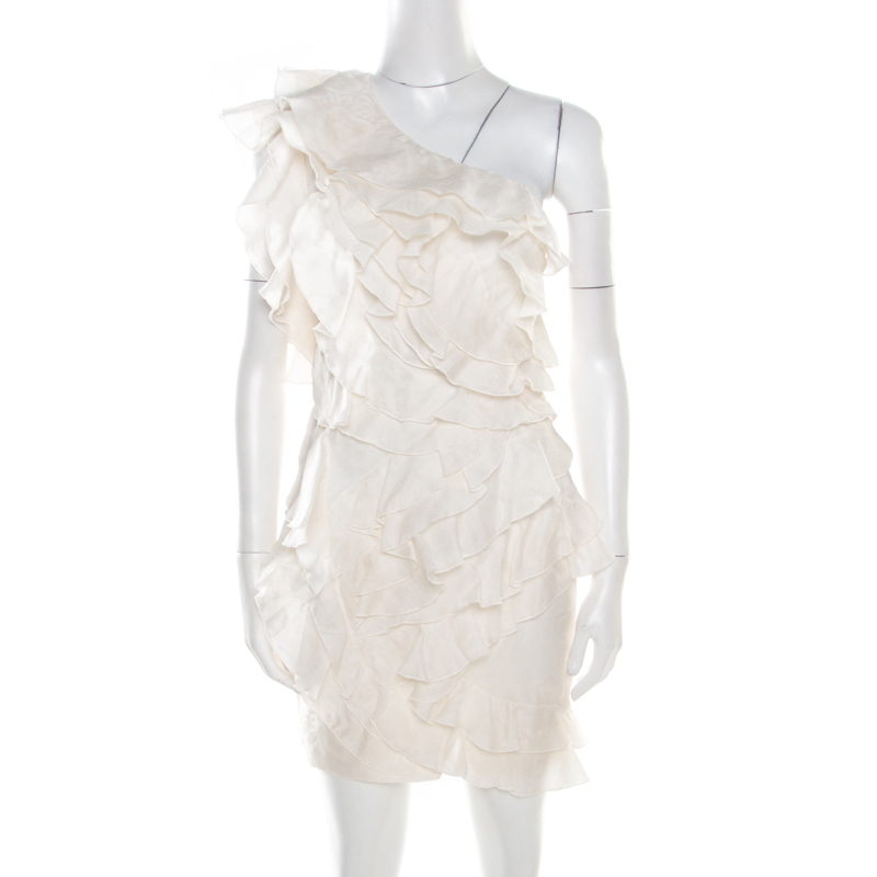 Isabel Marant Off White Floral Patterned Silk Ruffled Tiered One Shoulder Dress S, Dresses - Luxury Closet catalog