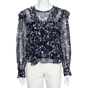 Isabel Marant Navy Blue Floral Printed Silk & Lurex Ruffle Trimmed Blouse S, Shirts & Tops - Luxury Closet catalog