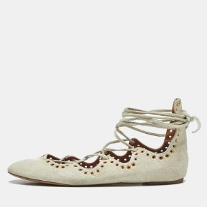 Isabel Marant Light Grey Suede Leo Eyelet Ankle Tie Ballet Flats Size 38, Flats - Luxury Closet catalog