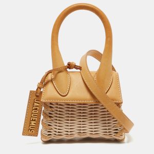 Jacquemus Mustard/Cream Rattan and Leather Mini Wicker Le Chiquito Top Handle Bag, Satchels - Luxury Closet catalog