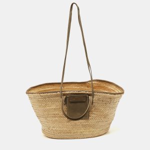Jacquemus Green/Cream Woven Raffia and Nubuck Leather Le Panier Soleil Tote, Tote Handbags - Luxury Closet catalog