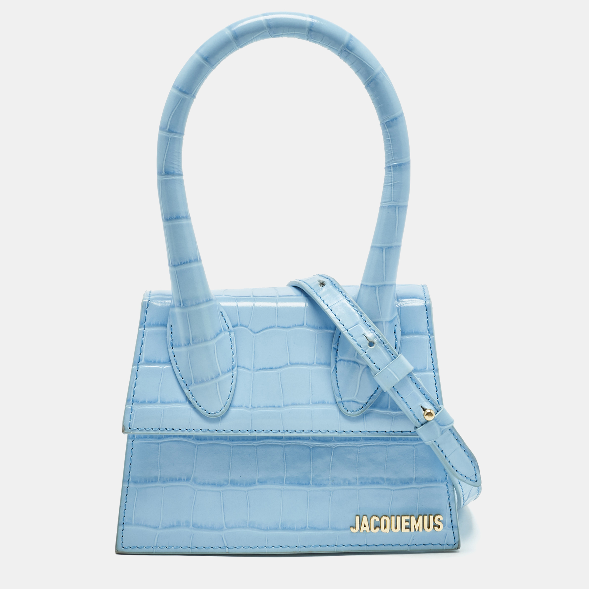 Jacquemus Light Blue Croc Embossed Le Chiquito Moyen Top Handle Bag, Satchels - Luxury Closet catalog