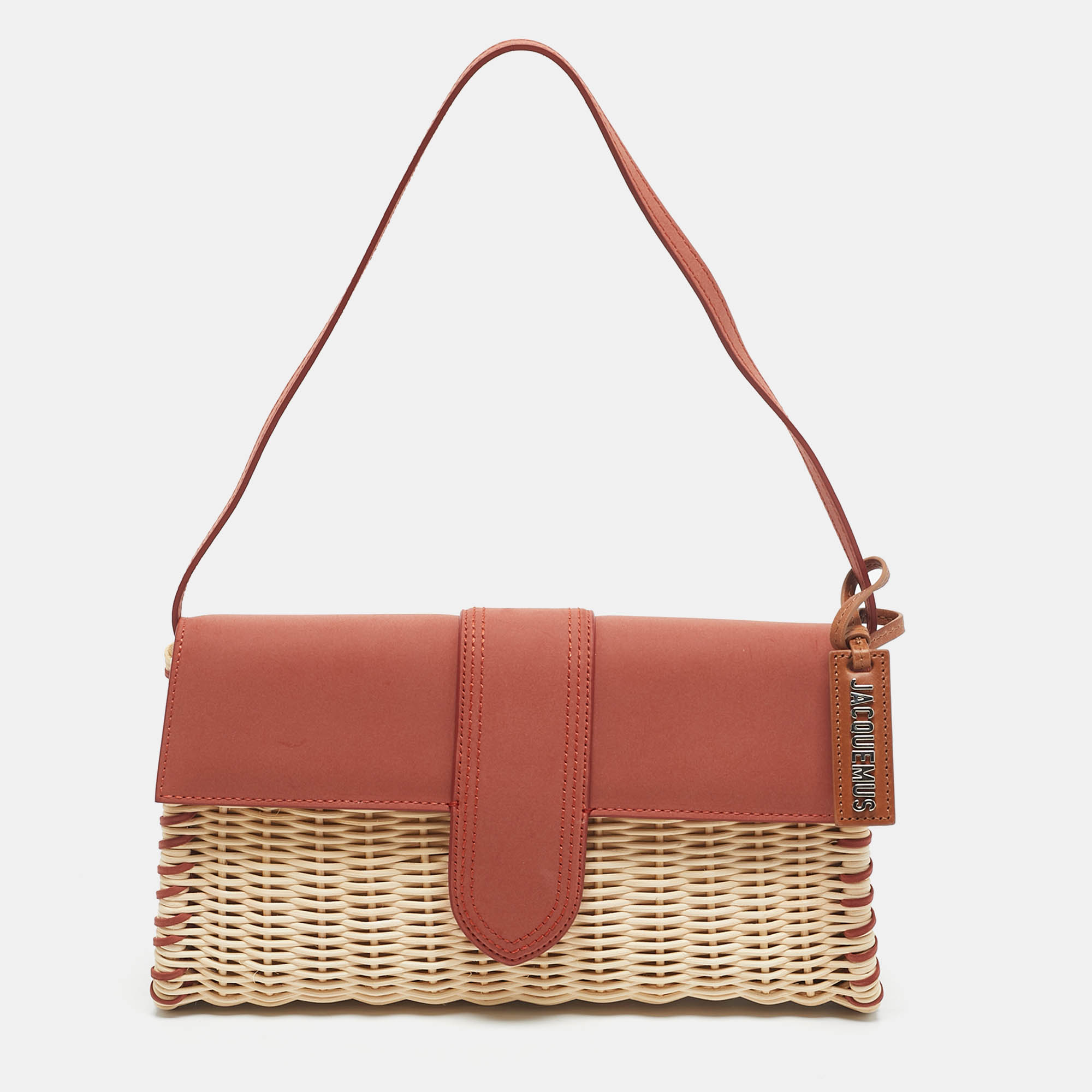 Jacquemus Brick Brown/Cream Nubuck Leather and Wicker Le Bambino Long Bag, Shoulder Bags - Luxury Closet catalog