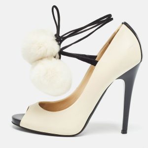 Jimmy Choo White/Black Fur and Leather Open Toe Pumps Size 38, Pumps - Luxury Closet catalog