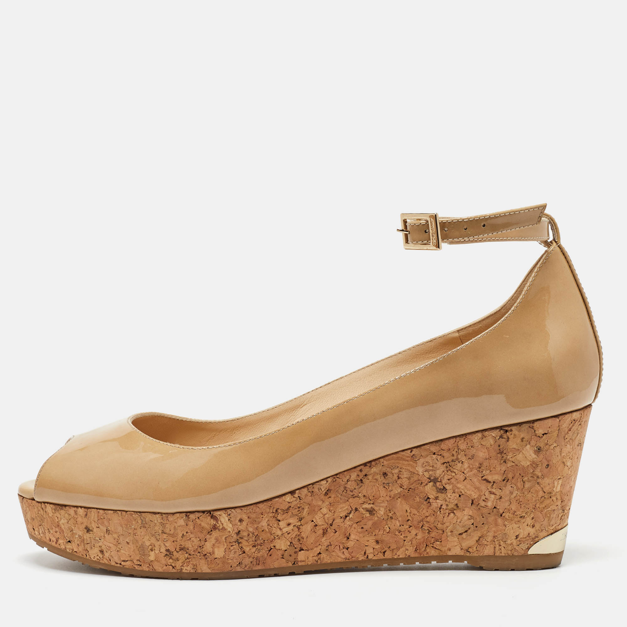 Jimmy Choo Beige Patent Leather Wedge Platform Ankle Strap Pumps Size 41, Pumps - Luxury Closet catalog