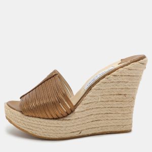Jimmy Choo Gold Leather Wedge Espadrille Silde Sandals Size 40.5, Sandals - Luxury Closet catalog
