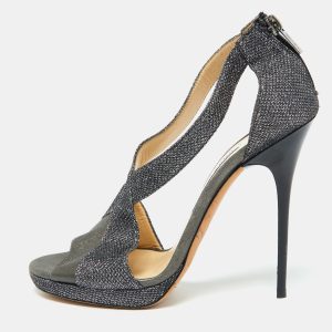 Jimmy Choo Grey Leather and Coarse Glitter Open Toe Sandals Size 39.5, Sandals - Luxury Closet catalog