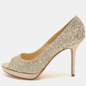 Jimmy Choo Metallic Gold Glitter Dahlia Platform Peep Toe Pumps Size 38.5, Pumps - Luxury Closet catalog