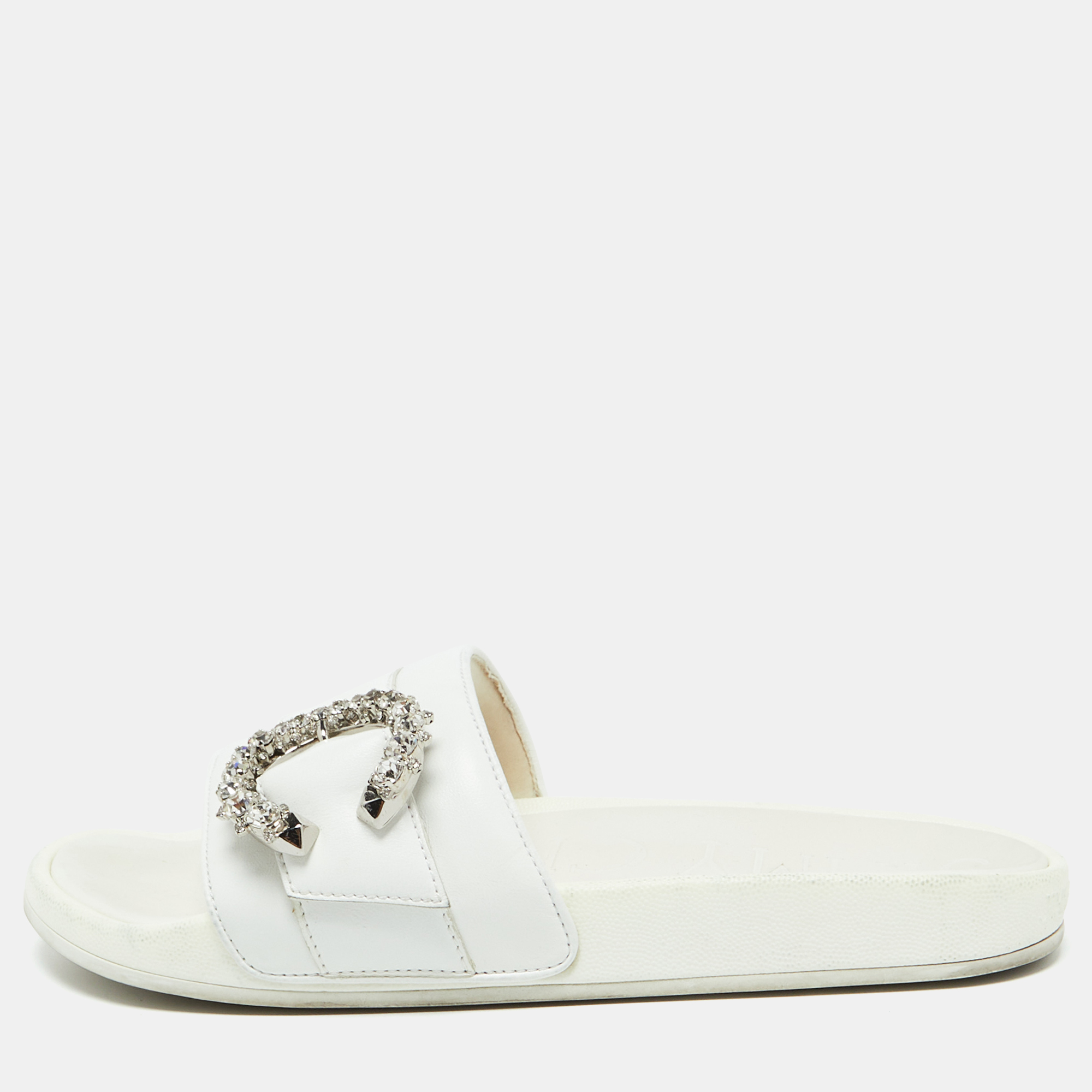 Jimmy Choo White Leather Crystal Embellished Flat Slides Size 41, Sandals - Luxury Closet catalog