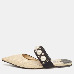 Jimmy Choo Cream/Black Canvas and Raffia Embellished Mules Size 37.5, Sandals - Luxury Closet catalog