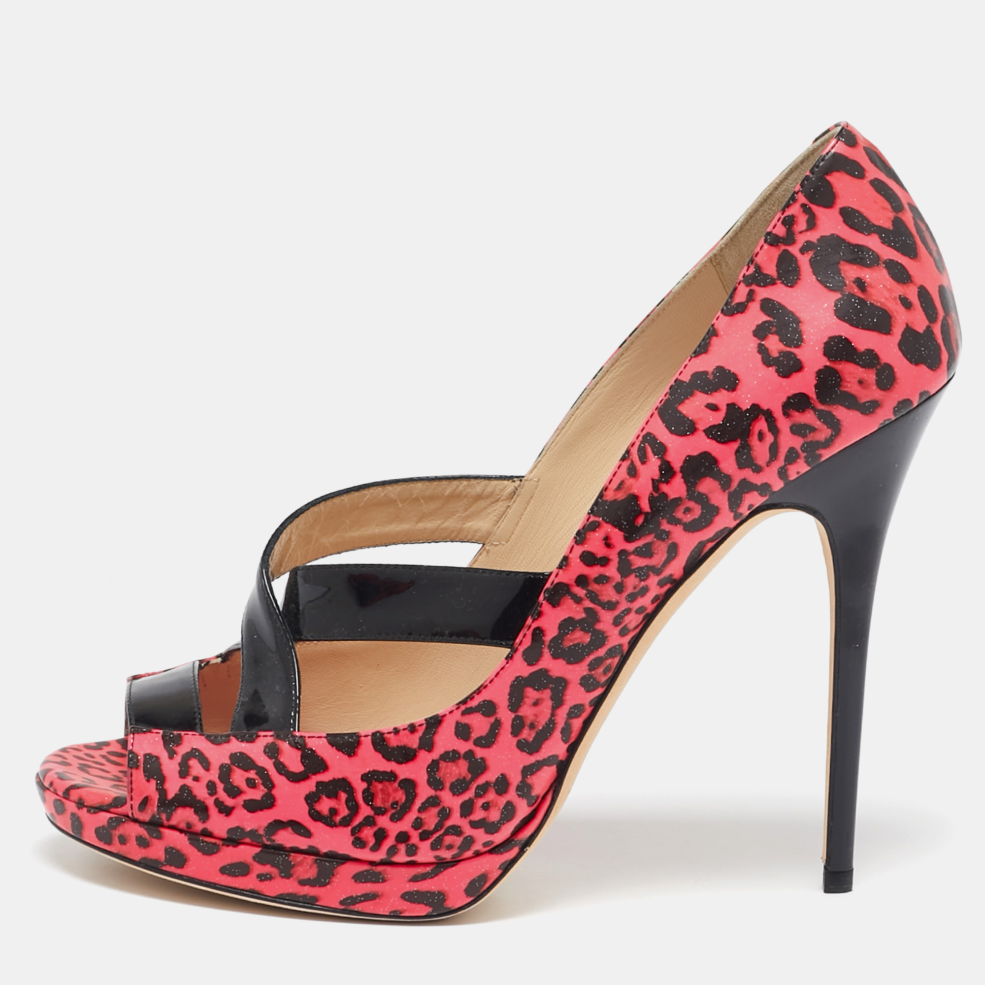 Jimmy Choo Black/Pink Leopard Print Patent Leather Open Toe Pumps Size 40.5, Pumps - Luxury Closet catalog