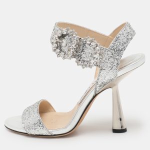 Jimmy Choo Silver Glitter Ankle Strap Sandals Size 35, Sandals - Luxury Closet catalog
