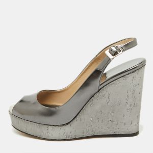 Jimmy Choo Metallic Grey Leather Cork Platform Wedge Slingback Sandals Size 37.5, Sandals - Luxury Closet catalog
