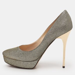 Jimmy Choo Gold Coarse Glitter Eros Platform Pumps Size 39.5, Pumps - Luxury Closet catalog