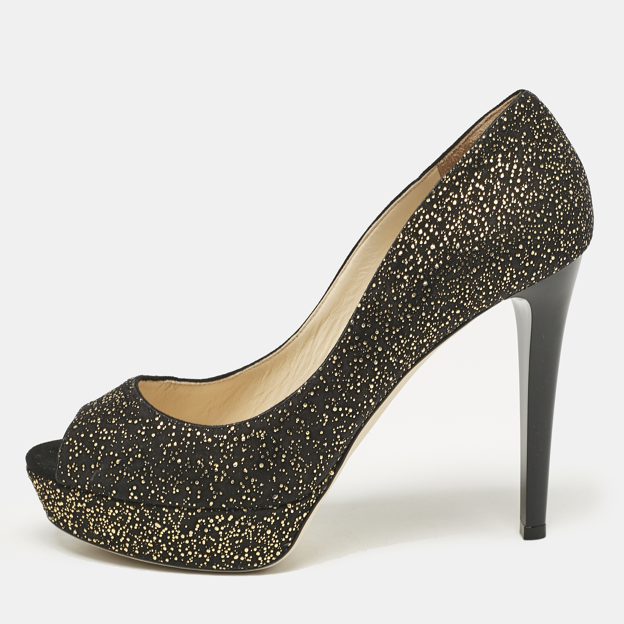 Jimmy Choo Black Metallic Embossed Suede Dahlia Peep Toe Platform Pumps Size 38.5, Pumps - Luxury Closet catalog