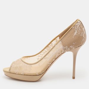 Jimmy Choo Beige Lace Luna Peep Toe Pumps Size 36.5, Pumps - Luxury Closet catalog