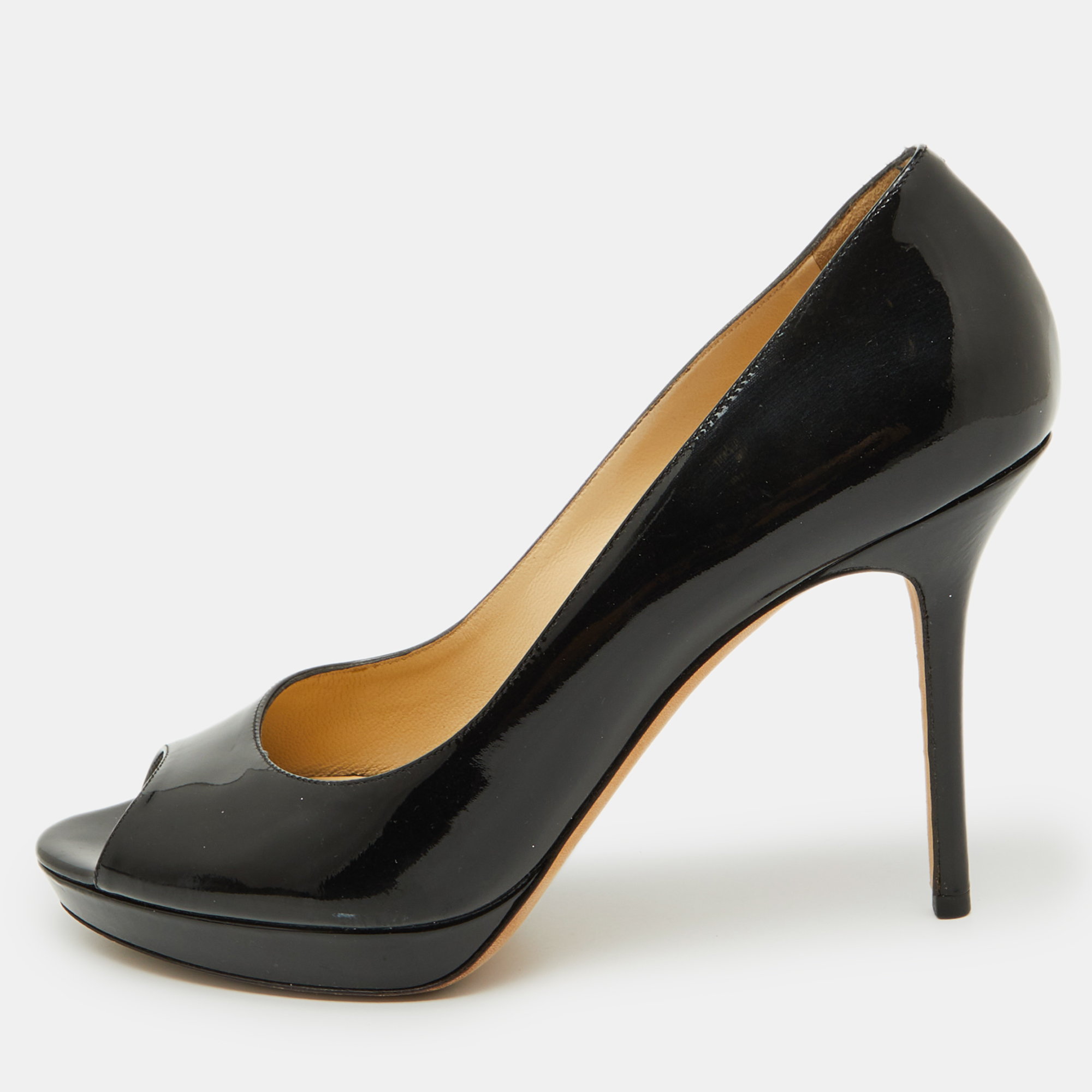 Jimmy Choo Black Patent Leather Crown Platform Peep Toe Pumps Size 39.5, Pumps - Luxury Closet catalog