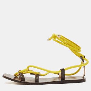 Jimmy Choo Brown/Yellow Rope and Leather Aziza Flat Ankle Wrap Sandals Size 39.5, Sandals - Luxury Closet catalog