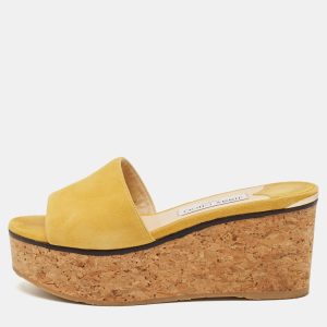 Jimmy Choo Yellow Suede Cork Wedge Platform Slide Sandals Size 37.5, Sandals - Luxury Closet catalog