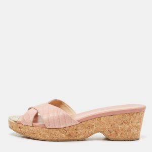 Jimmy Choo Pink Croc Embossed Leather Prima Cork Wedge Sandals Size 39, Sandals - Luxury Closet catalog